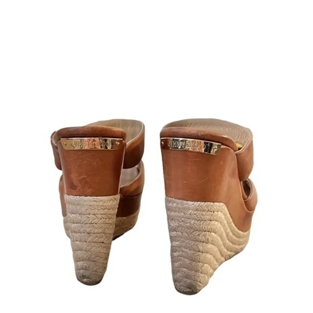 Jimmy Choo‎ Leather Pledge T-Strap Rope Platform Wedge Slide Espadrilles